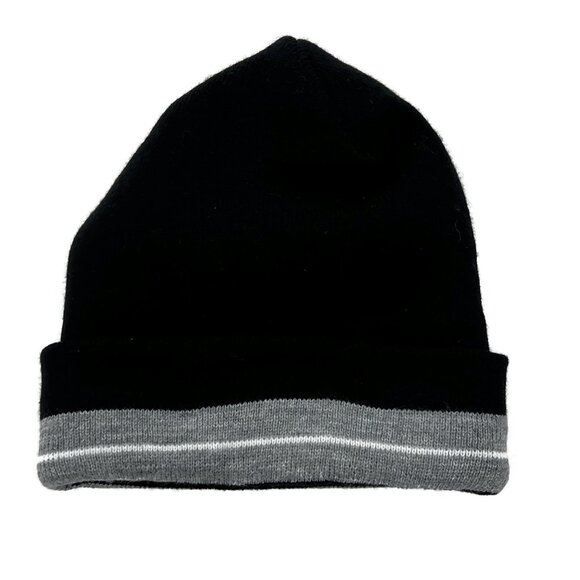 Fleece Lined Beanie Black Winter Hat Gray Stripe Winter Hat Men Women Outdoor - Picture 1 of 4